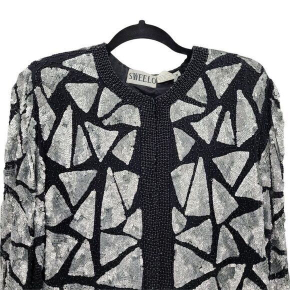 Vtg 80's Sweelo Silk Geometric Black Silver Metallic Sequin Beaded Blazer Sz M - Picture 7 of 12